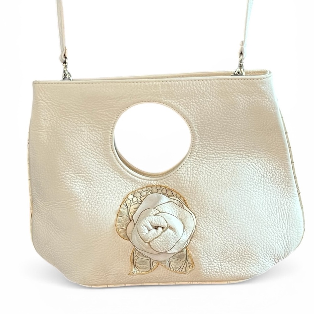 VTG Carlo Pulicati White Leather Floral Cutout Shoulder Bag Italy Vintage
